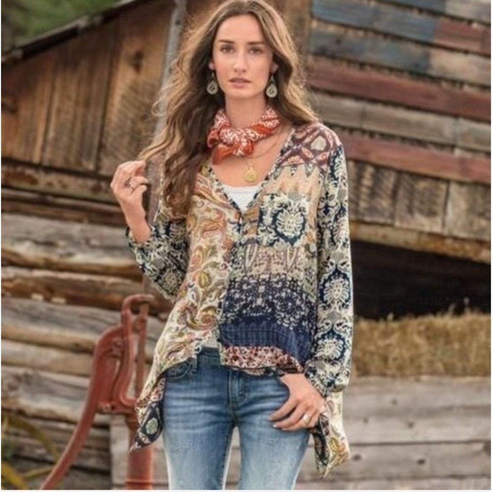 Artisan de Luxe Oversized Patchwork Paisley Boho Western‎ Button Down Top Small